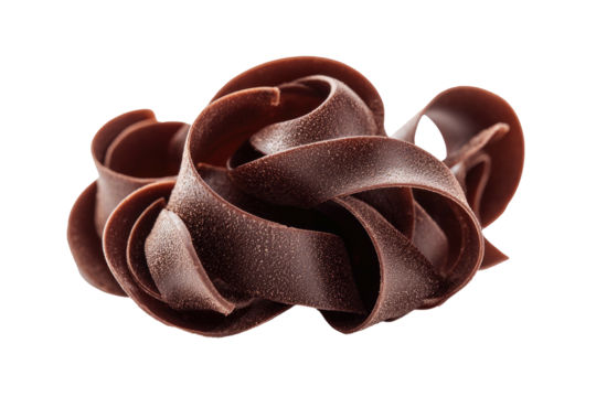 Dark chocolate curls artfully arranged on a black background