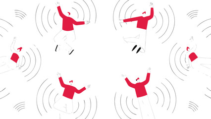 Dynamic red dancers in motion artfully arranged within a swirling circular black line wave creating a sense of energy and fluidity