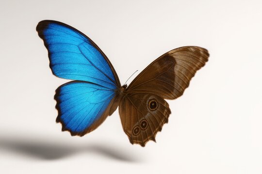 Blue butterfly wings suspended mid air with slight motion at tips on white background for insect nature fantasy and design themes