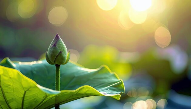 A single, unopened lotus flower bud stands tall on its stem, framed by lush green leaves, with a warm, sunlit bokeh background.