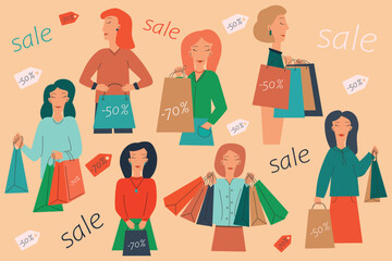 Women holding shopping bags with sale sign -50%, -70%, Vector colorated illustration in flat style