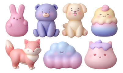 Colorful 3D Miniature Critters in Soft Pastel Shades on Transparent Background