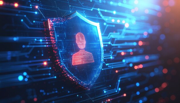 Digital Security Shield: A radiant digital shield represents security and safety, protecting sensitive information and networks. This image depicts cybersecurity and data protection.