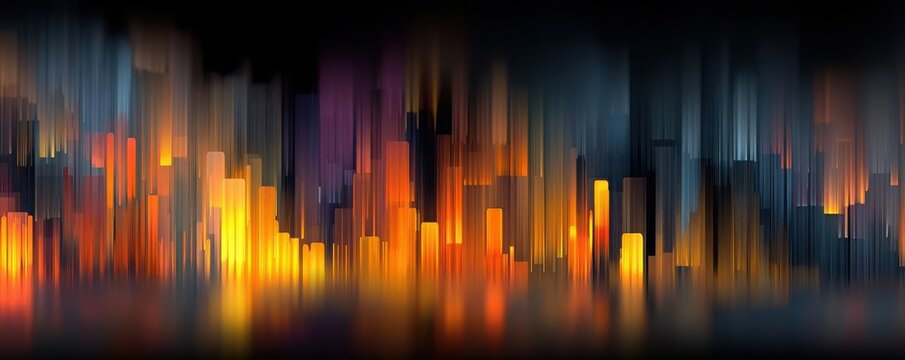 Vibrant blurred city lights skyline at night with colorful vertical light streaks