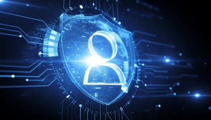 Obraz premium Cybersecurity Shield: Illuminated digital shield encasing a silhouetted figure. The image speaks of robust protection in the realm of virtual security.