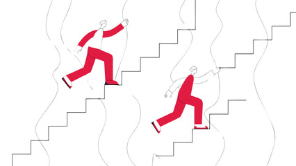 Abstract illustration of stylized red figures ascending a conceptual staircase composed of thin transparent lines suitable for banners and advertisements