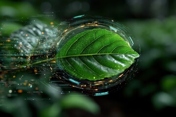 Futuristic green leaf encircled by a digital interface, symbolizing nature and technology integration