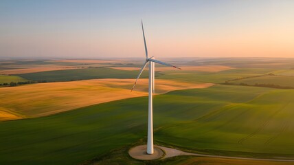 Majestic wind turbine stands tall in a vast agricultural landscape at sunset casting long shadows across rolling hills