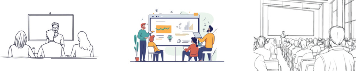 In a seminar room, a continuous one line drawing illustrates a presenter speaking to a group of people attending a presentation meeting