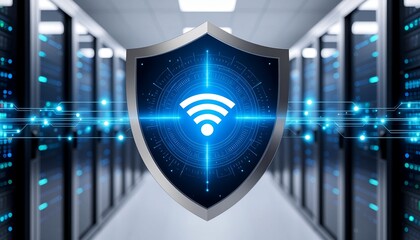 Cybersecurity Shield: A digital shield with a Wi-Fi symbol overlayed on a server room, symbolizing the protection of wireless network security and data integrity.