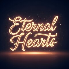 A glowing neon sign displays the words 'Eternal Hearts' against a dark background with sparkling light effects, creating a romantic and captivating visual impression