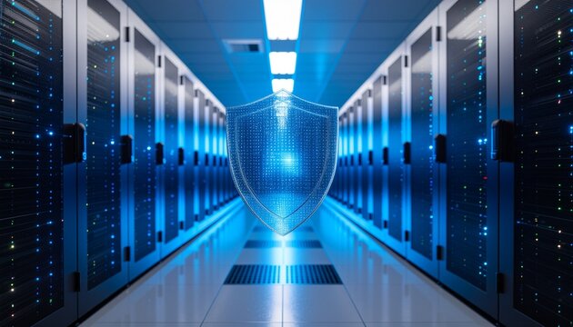 Data Fortress: Secure digital domain illuminated by the symbolic shield of protection, represents the strength of secure server.