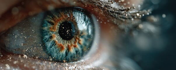 Close up of an eye with digital elements around it, symbolizing vision, technology, and detail