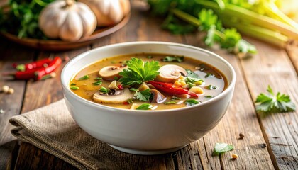 A close-up shot of a white bowl filled with a steaming, flavorful mushroom soup, garnished with fresh herbs and red chili peppers, set on a rustic wooden surfac