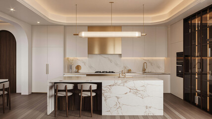 Elegant modern kitchen with marble island and sleek gold accents create a sophisticated culinary space for cooking and entertaining