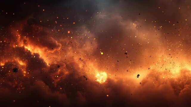 blazing cosmic nebula of glowing embers, swirling plasma clouds and drifting ash, cinematic starburst and supernova shockwave scattering sparks and meteor
