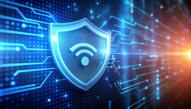 Digital Fortress: A visually striking representation of cybersecurity, showcasing a glowing shield superimposed over an intricate circuit board, symbolizing protection and secure network connections.
