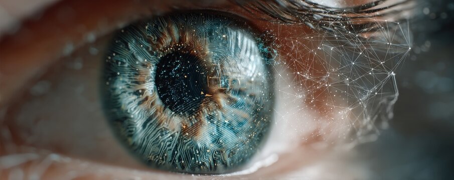 Close-up of an eye with digital technology revealing the iris and circuits in a futuristic concept