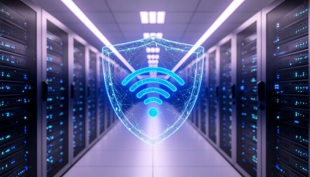 Secure Network: Depicting a modern server room, illuminated by a futuristic, high-tech interface, showcasing a digital shield with a Wi-Fi symbol, illustrating network security.