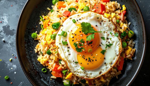 A delicious and colorful fried rice dish served in a dark bowl, featuring fluffy rice, mixed vegetables, scrambled egg bits, and two sunny-side-up eggs.