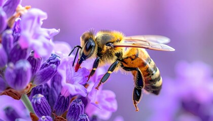 A detailed macro photograph captures a honeybee in sharp focus, its body covered in pollen, as it lands on a vibrant purple lavender bloom.