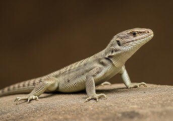 A desert lizard with distinctive striped pattern rests on a rocky surface