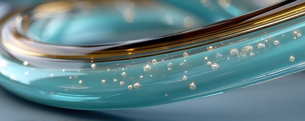 Close-up of abstract glass rings on a light blue background with bubbles and reflections
