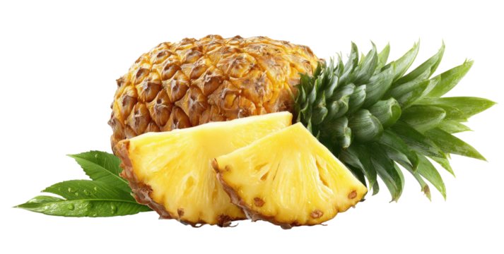 Golden tropical fruit, sliced and whole, with green leafy crown