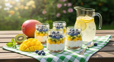 Fototapeta premium Outdoor summer picnic spread featuring layered yogurt and fruit parfaits in glass jars, a whole mango, sliced kiwi, fresh blueberries, and a pitcher of lemonade on a checkered cloth