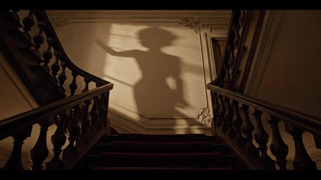 Woman shadow appearing on an elegant staircase wall, creating a mysterious and dramatic illusion, video footage