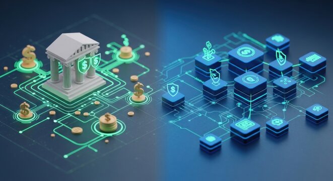 Blockchain Technology - Traditional Banking vs. Decentralized Finance Illustration.