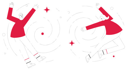 Dynamic illustration of stylized red figures engaged in a fluid circular spiral dance conveying movement unity and celebration