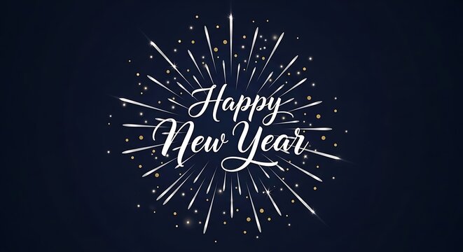 Festive white happy new year text art with radiating lines and small dots on a dark blue background symbolizing celebration and fireworks