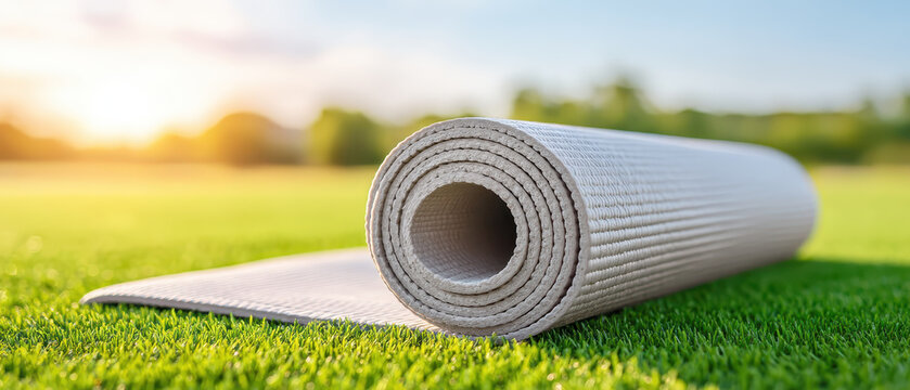 Rolled exercise mat rests on vibrant green grass under bright sky, symbolizing wellness and outdoor fitness. This scene invites relaxation and promotes healthy lifestyle