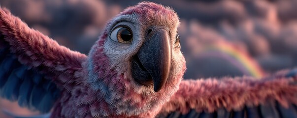 Colorful parrot soaring above pink clouds with warm sunset hues and vibrant wings