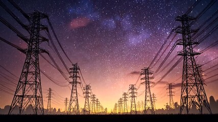 Silhouetted power lines and electricity pylons against a vibrant, starry twilight sky - Powered by Adobe