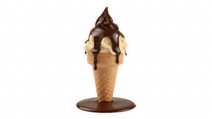 Isolated ice cream cone with vanilla ice cream and chocolate syrup on a black background