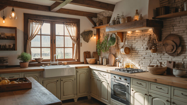 Charming rustic kitchen with natural light, exposed brick, wood beams, and farmhouse sink evokes cozy, inviting culinary space