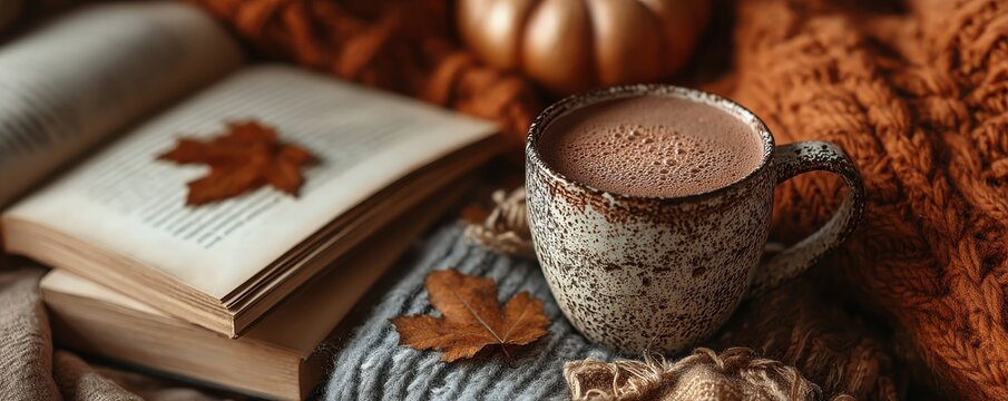 Cozy autumn setting with an open book, leaf accents, and a warm coffee mug on textured fabrics