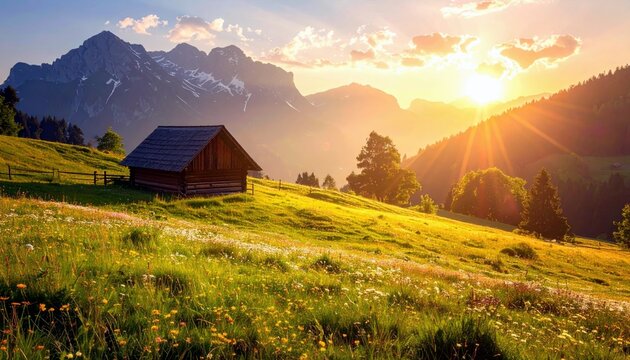 A picturesque scene of a remote wooden cabin nestled in a vibrant meadow, with majestic mountains and a radiant sunset in the background. - Powered by Adobe