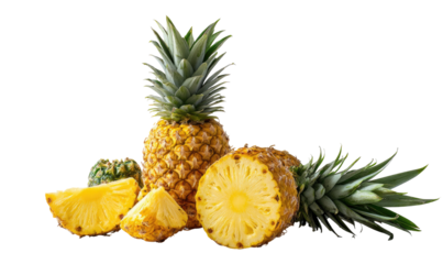 Ripe pineapples, whole and sliced, with green leafy tops