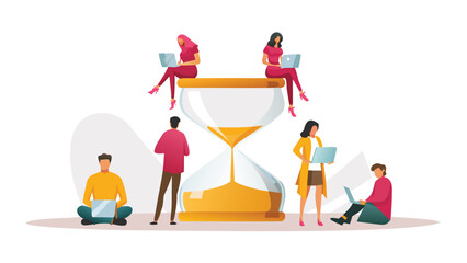 Diverse team of professionals collaborating around a glowing futuristic digital clock symbolizing project management deadlines and modern technology