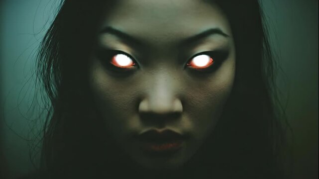 Woman with glowing eyes in eerie darkness, paranormal horror concept for halloween, scary special effect footage