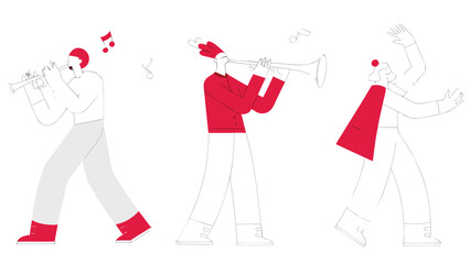 Three stylized red musicians playing instruments with vibrant energy perfect for music events concerts or artistic promotions