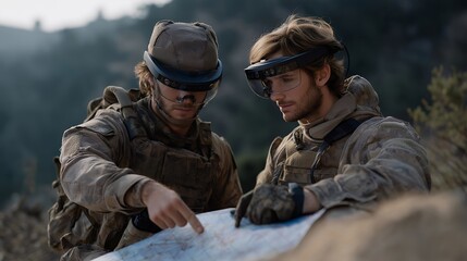 Fototapeta premium A tactical intelligence team using augmented reality glasses to overlay real-time enemy positions onto a physical map during rapid field planning — AR-assisted combat prep, location accuracy, and