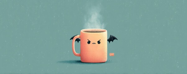 Cute cartoon coffee mug with steam and bat wings showing an angry face for playful, spooky branding