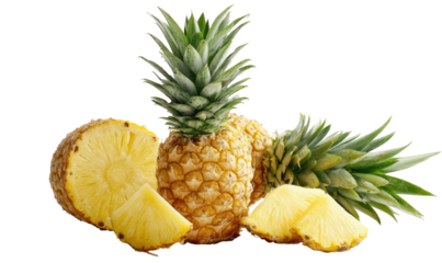 Ripe, juicy pineapples with slices and segments on black