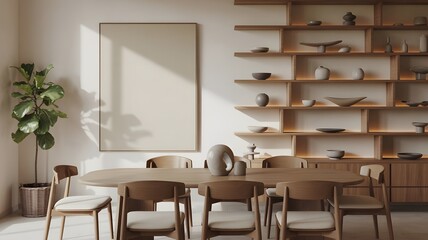 Modern dining room interior with minimalist design and neutral color palette