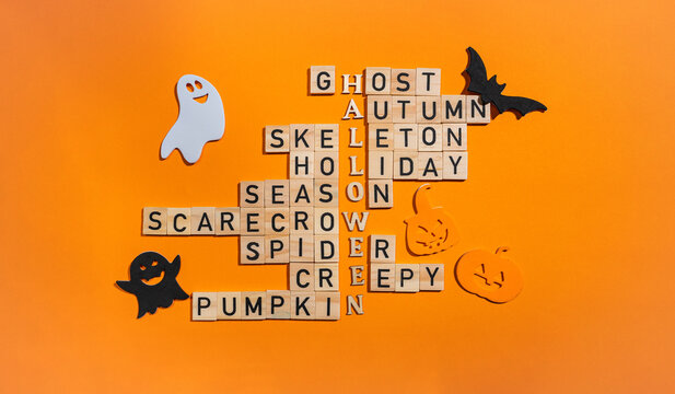 Halloween crossword puzzle with wooden blocks