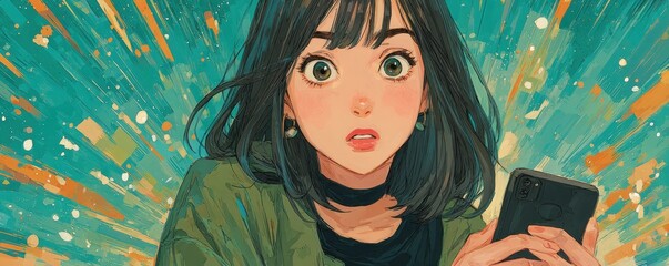 Young girl with bangs looks surprised while holding a smartphone in a colorful illustration